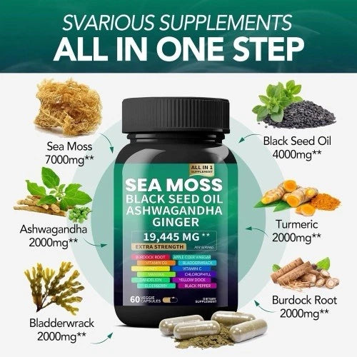 Sea Moss 7000mg Black Seed Oil 4000mg Ashwagandha 2000mg Turmeric 2000mg Bladder